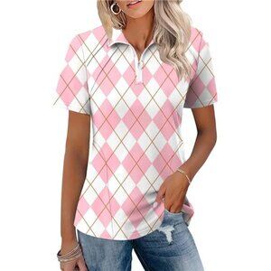 Golf Polo Pink & White Shirts Short Sleeve Tops Moisture Wicking With Pockets
